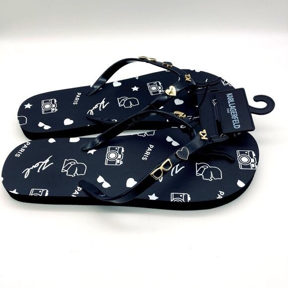 NWT Karl Lagerfeld Paris Women’s Signature Logo Black Sandals 8M - Picture 3 of 8